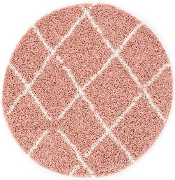 Boho&me Rond hoogpolig vloerkleed ruiten Habitat roze|wit 80 cm