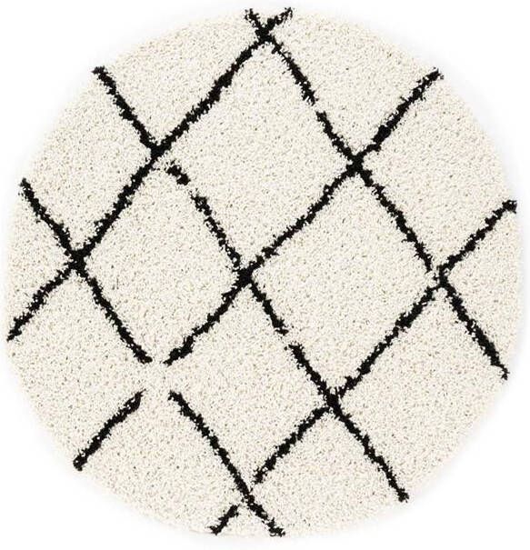 Boho&me Rond hoogpolig vloerkleed ruiten Habitat wit|zwart 100 cm