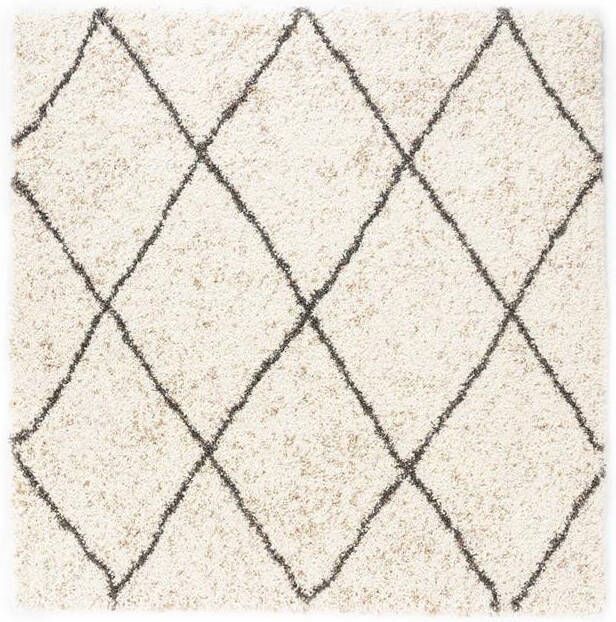 Boho&me Vierkant hoogpolig vloerkleed geruit Artisan wit|grijs