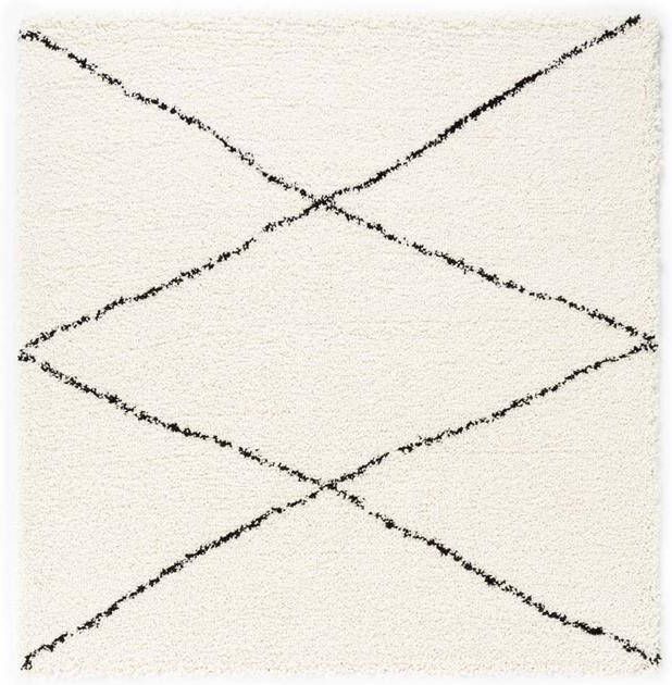 Boho&me Vierkant hoogpolig vloerkleed ruit Artisan wit|zwart