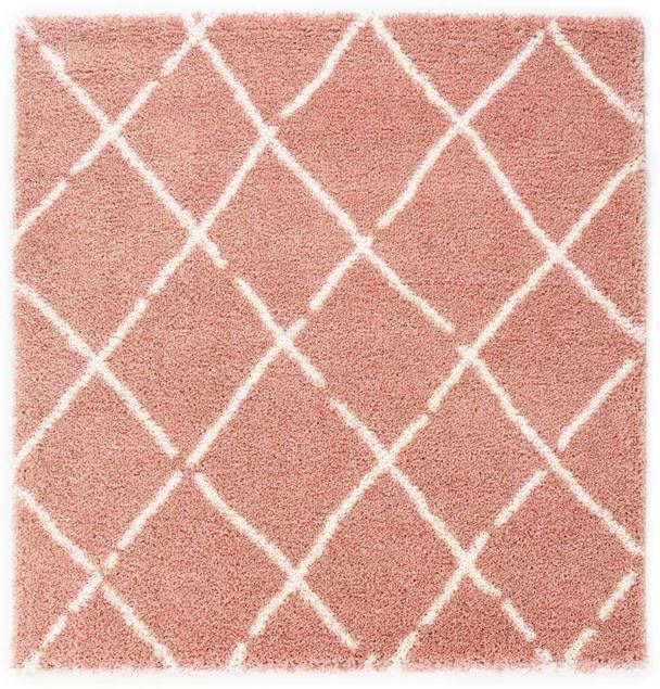 Boho&me Vierkant hoogpolig vloerkleed ruiten Artisan roze|wit