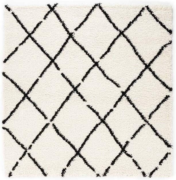 Boho&me Vierkant hoogpolig vloerkleed ruiten Artisan wit|zwart