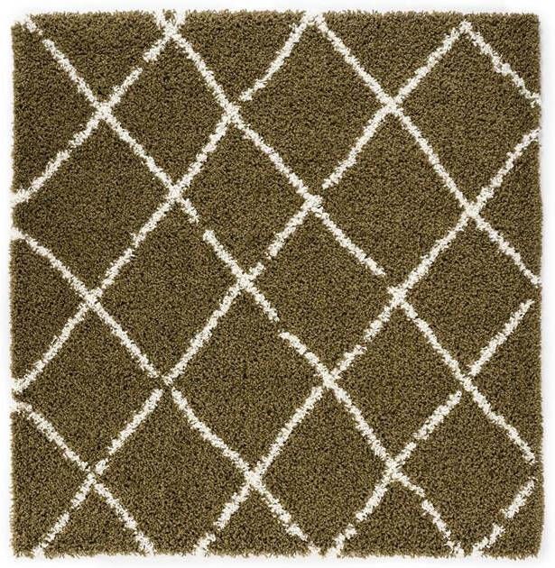Boho&me Vierkant hoogpolig vloerkleed ruiten Habitat olijfgroen|wit