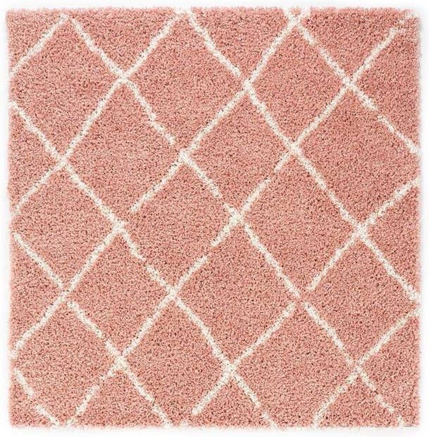 Boho&me Vierkant hoogpolig vloerkleed ruiten Habitat roze|wit