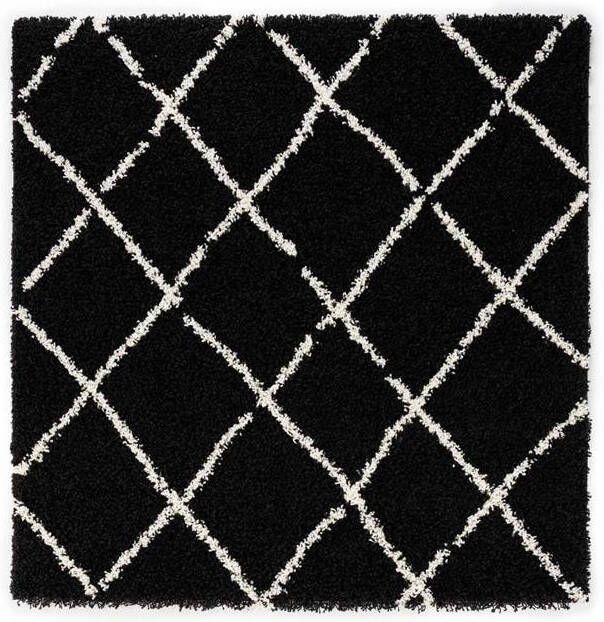 Boho&me Vierkant hoogpolig vloerkleed ruiten Habitat zwart|wit