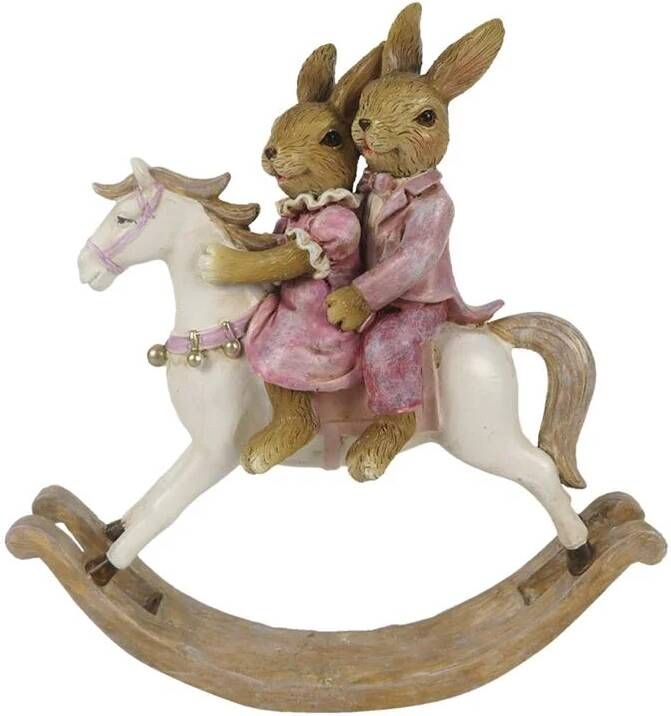 Clayre & Eef Beeld Konijn 14 Cm Roze Wit Kunststof Woonaccessoires Pasen Paashaas Roze Woonaccessoires Pasen