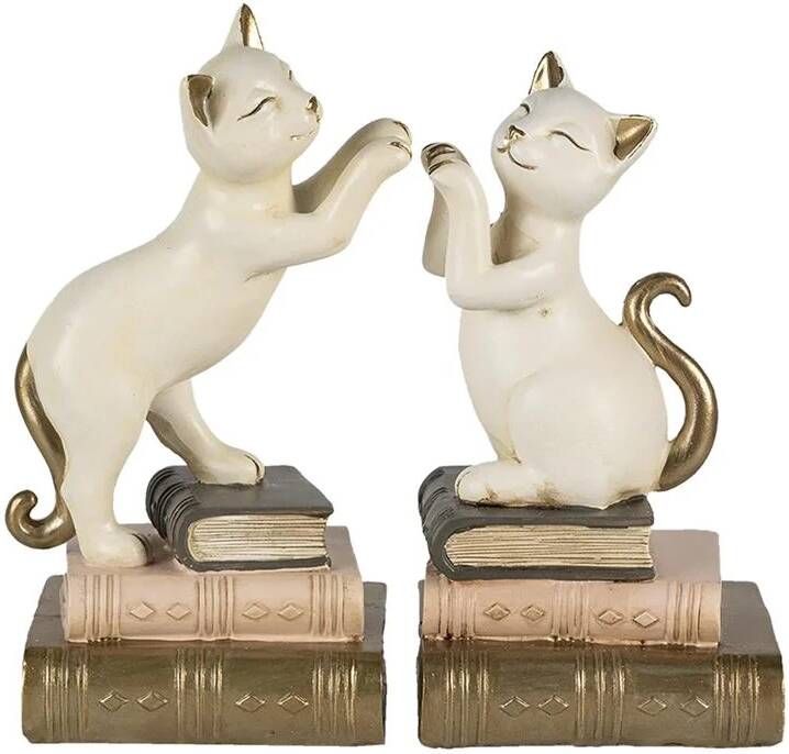 Clayre & Eef Boekensteunen Set van 2 Kat 17x10x20 cm Wit Polyresin Boekenhouders Boekensteun Wit Boekenhouders