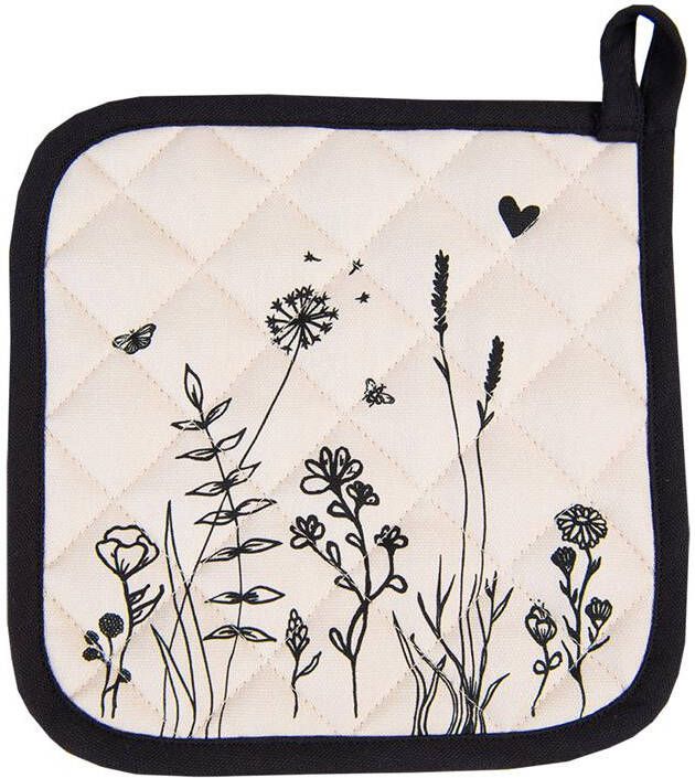 Clayre & Eef Pannenlap 20x20 cm Beige Zwart Katoen Bloemen Afgiet