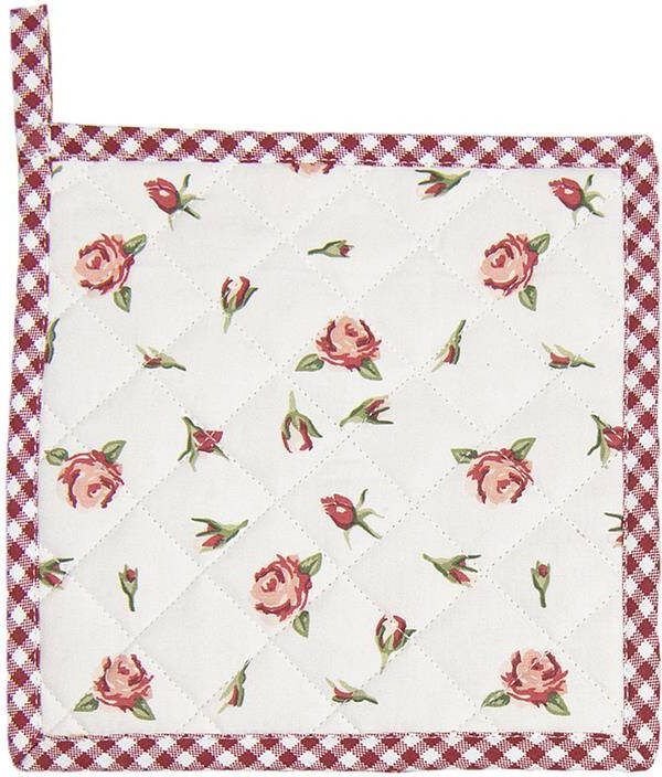 Clayre & Eef Pannenlap 20x20 cm Rood Wit Katoen Vierkant Rozen Afgiet