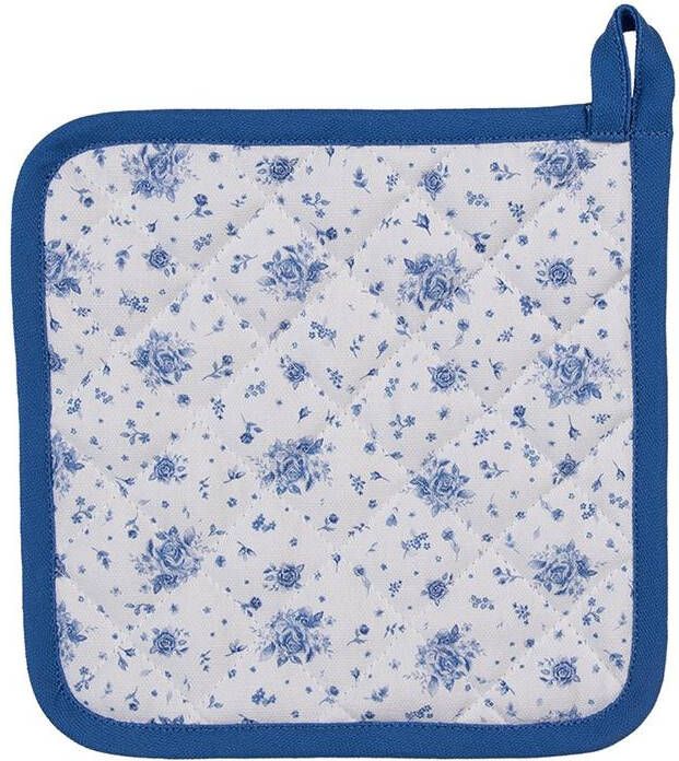 Clayre & Eef Pannenlap 20x20 cm Wit Blauw Katoen Vierkant Roosjes