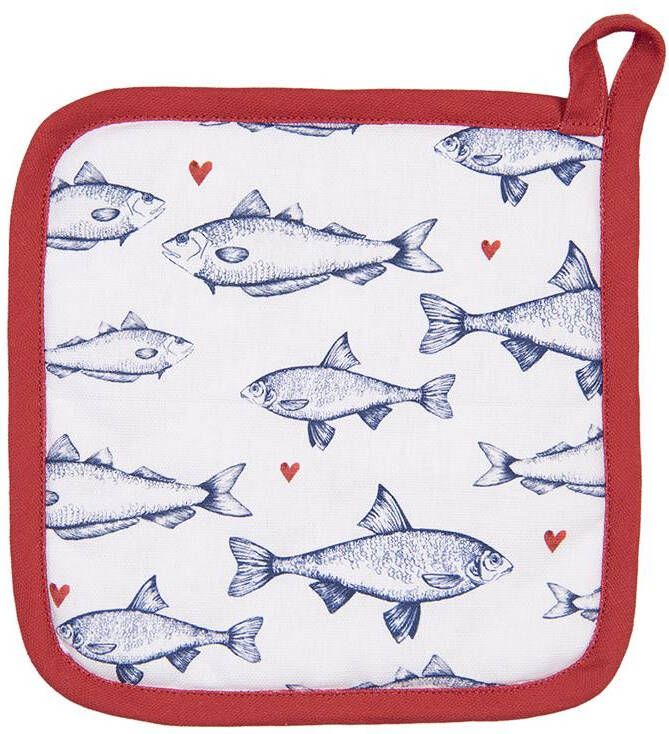 Clayre & Eef Pannenlap 20x20 cm Wit Blauw Katoen Vierkant Vissen