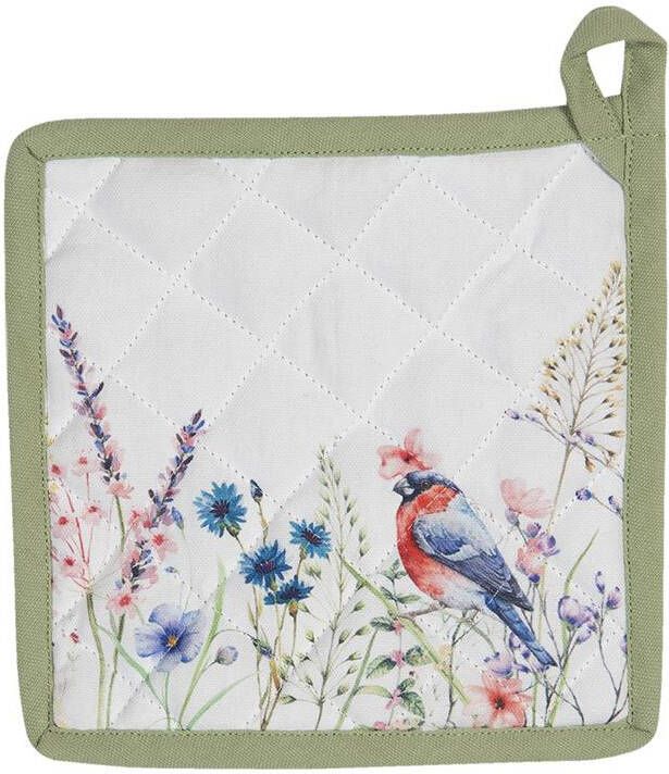 Clayre & Eef Pannenlap 20x20 cm Wit Groen Katoen Vierkant Bloemen