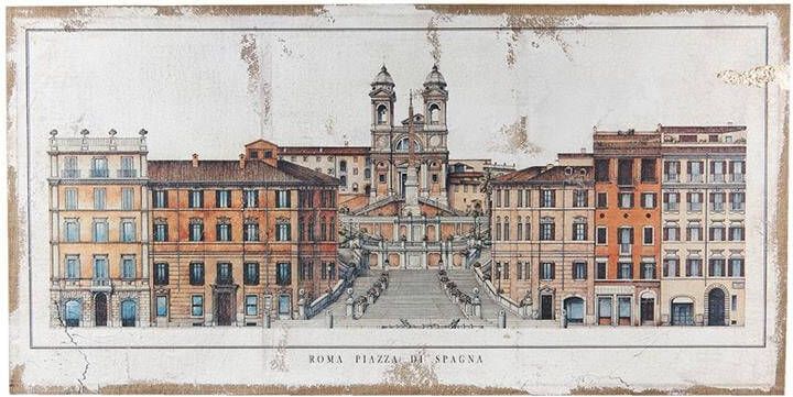 Clayre & Eef Schilderij 120x60 cm Bruin Beige Jute Stad Roma Pizza Di Spagna Canvas schilderij Bruin Canvas schilderij
