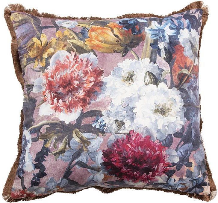 Clayre & Eef Sierkussen 45x45 cm Roze Wit Synthetisch Vierkant Bloemen Kussenhoes met Kussenvulling Roze Kussenhoes met