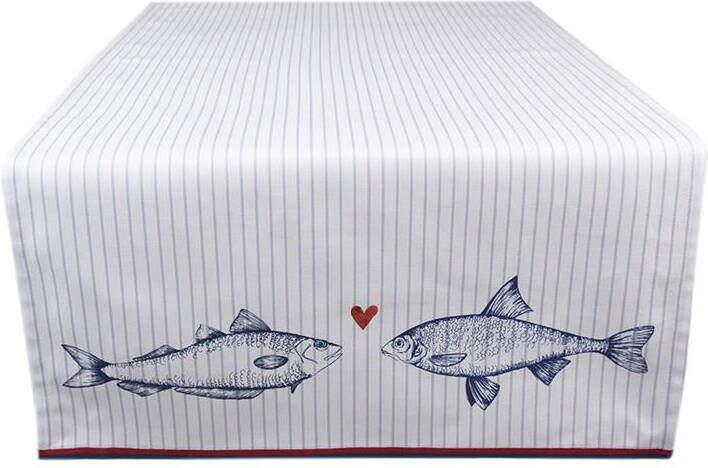 Clayre & Eef Tafelloper 50x140 cm Wit Blauw Katoen Rechthoek Vissen