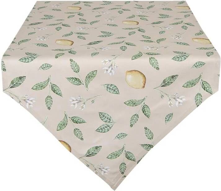 Clayre & Eef Tafelloper 50x160 cm Beige Groen Katoen Citroen