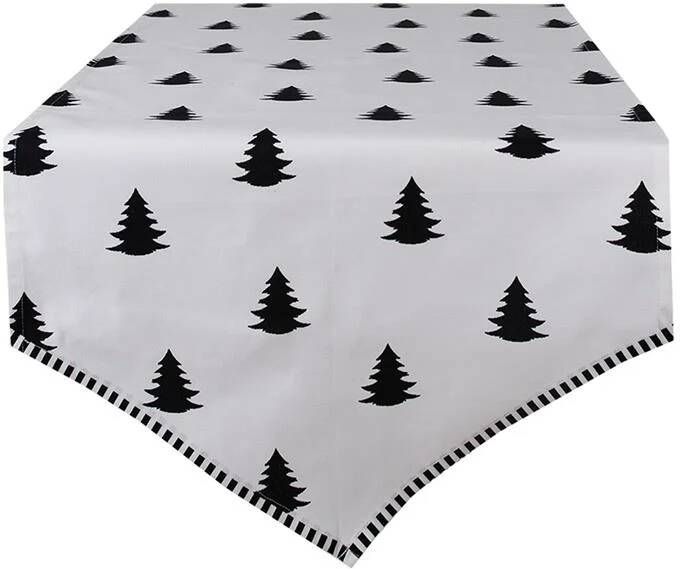 Clayre & Eef Tafelloper Kerst 50x160 cm Wit Zwart Katoen Kerstbomen