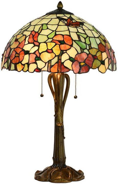 Clayre & Eef LumiLamp Tiffany Tafellamp Ø 40x63 cm Beige Rood Glas Bloemen Tiffany Bureaulamp Tiffany Lampen Glas in Lood Beige