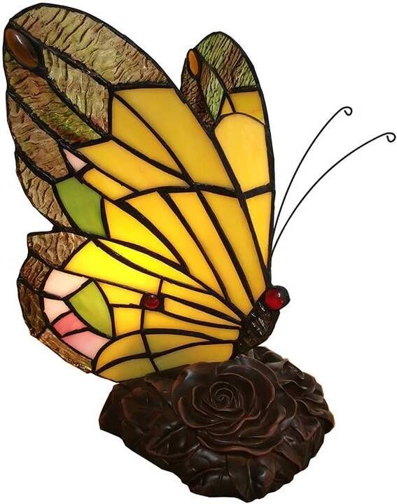 Clayre & Eef Lumilamp Tiffany Tafellamp Vlinder 15*15*27 Cm Meerkleurig Glas In