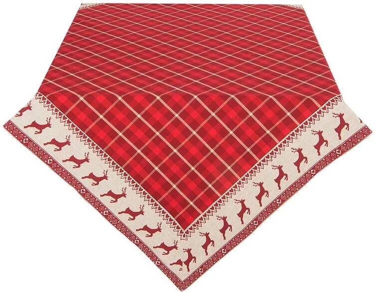 Clayre & Eef Vierkant Tafelkleed Kerst 150x150 cm Rood Beige Katoen