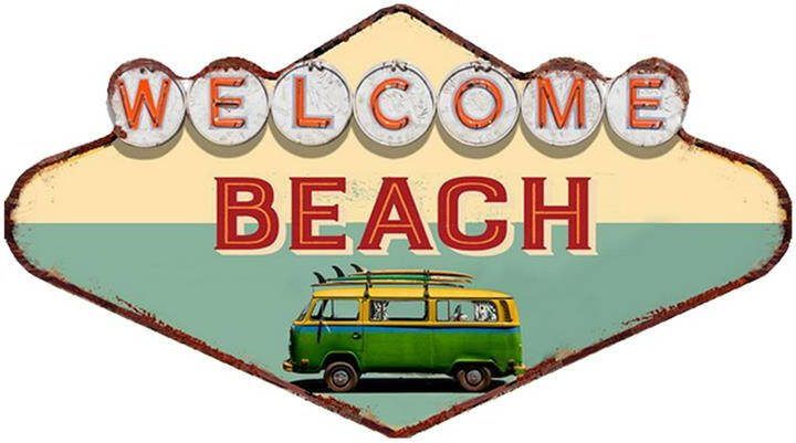 Clayre & Eef Wanddecoratie 49x27 cm Groen Rood Ijzer Welcome Beach Muurdecoratie Wandversiering Tekstbord