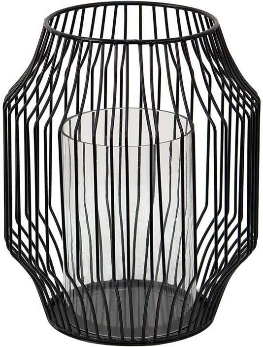 Clayre & Eef Windlicht Ø 23x28 Cm Zwart Ijzer Glas Kaarsenhouder Sfeerverlichting Zwart Kaarsenhouder Sfeerverlichting