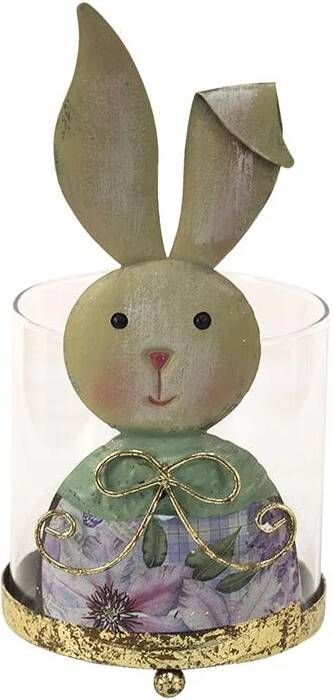 Clayre & Eef Windlicht Konijn 11x10x22 Cm Beige Groen Metaal Glas Kaarsenhouder Sfeerverlichting Beige Kaarsenhouder