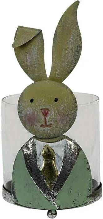 Clayre & Eef Windlicht Konijn 11x10x22 cm Groen Wit Metaal Glas