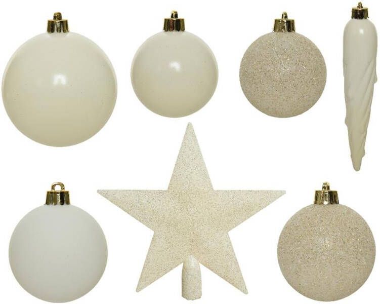Decoris Kerstballen met piek 33st kunststof wol wit 5-6-8 cm