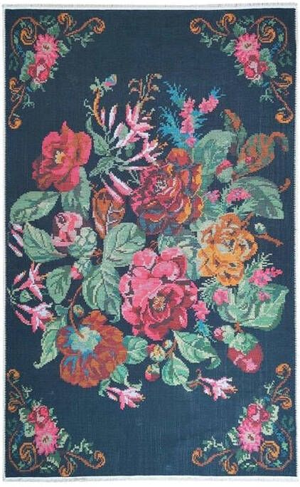 FlyCarpets Adrasos Vintage Vloerkleed Zwart Gebloemd Wasbaar & Waterdicht