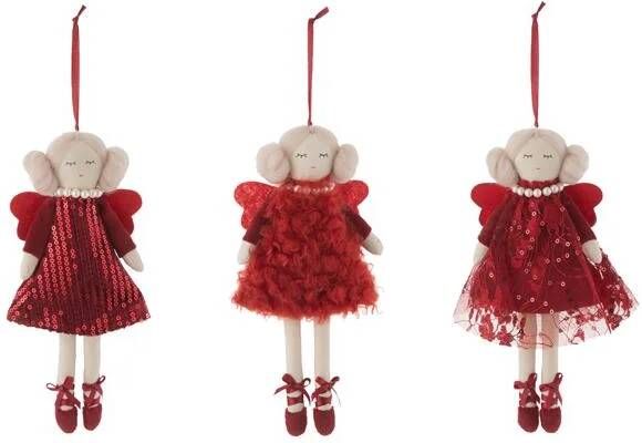 J-Line Kersthanger engel popjes textiel wit| rood 3x