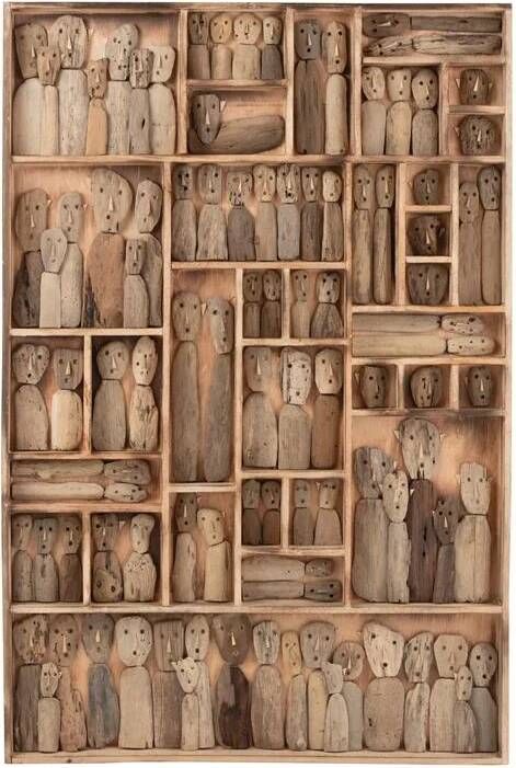 J-Line wanddecoratie Familie Masks Vakjes hout naturel large