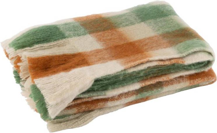 J-Line plaid Ruitjes + Franjes textiel wit|groen|bruin