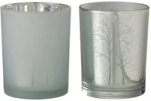 J-Line Windlicht Boom Glas Wit|Zilver Medium Assortiment Van 2