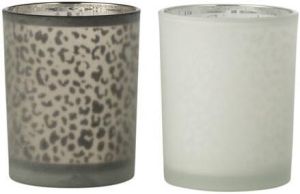 J-Line Windlicht Luipaard Glas Wit|Zwart Medium Assortiment Van 2
