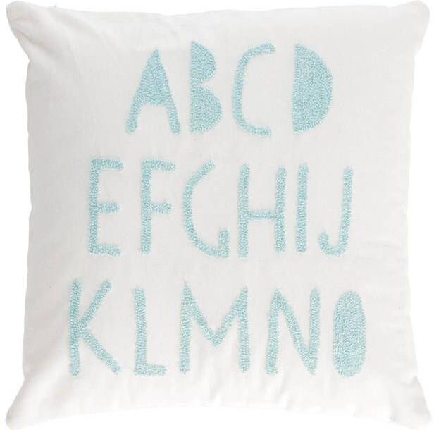 Kave Home Keila kussenhoes 100% katoen wit alfabet blauw 45 x 45 cm