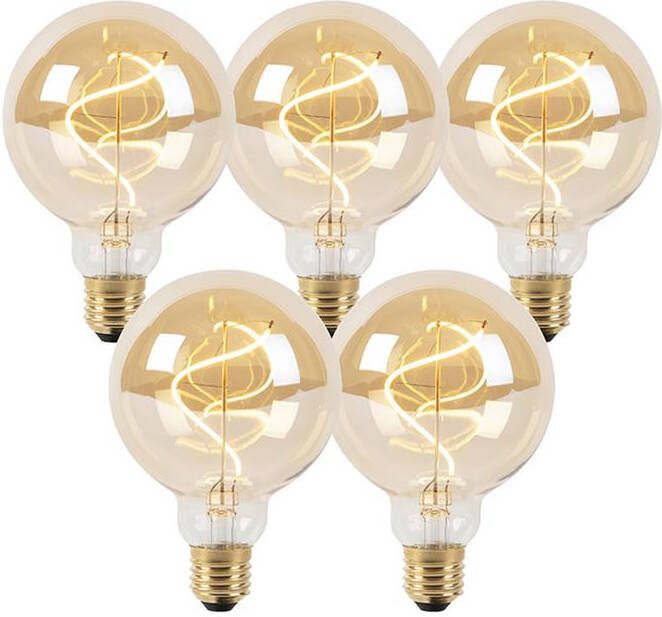 LUEDD Set van 5 E27 dimbare LED lampen spiraal G95 goud 4W 270 lm