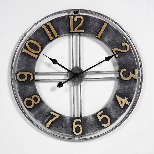 LW Collection Wandklok Becka grijs goud 60cm Wandklok modern Stil uurwerk Industriële wandklok