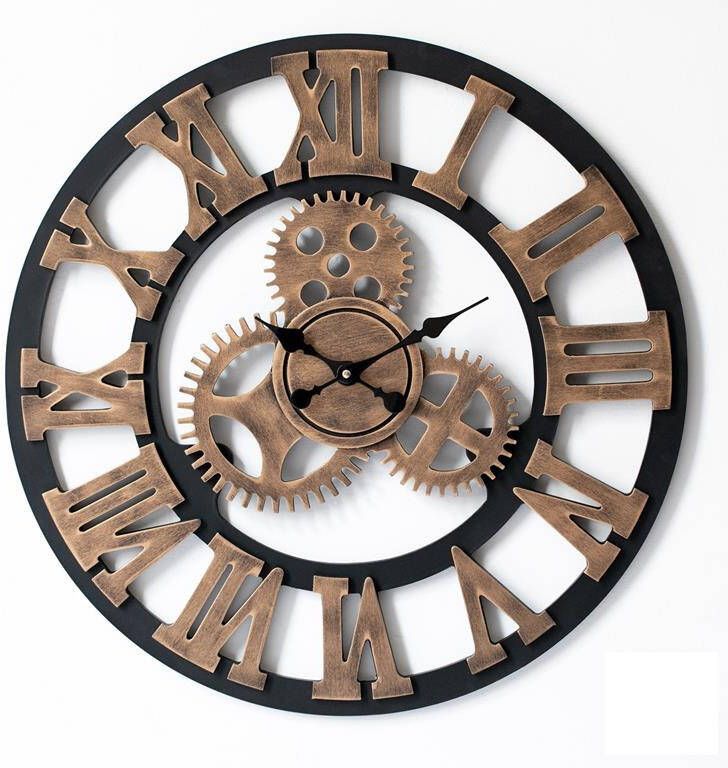 LW Collection Wandklok Levi brons grieks 60cm Wandklok romeinse cijfers Industriële wandklok stil uurwerk