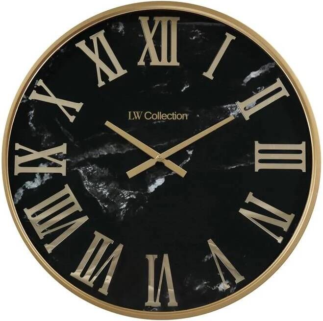 LW Collection Wandklok Sierra Goud zwart Marmer 60cm Wandklok romeinse cijfers Industriële wandklok stil uurwerk
