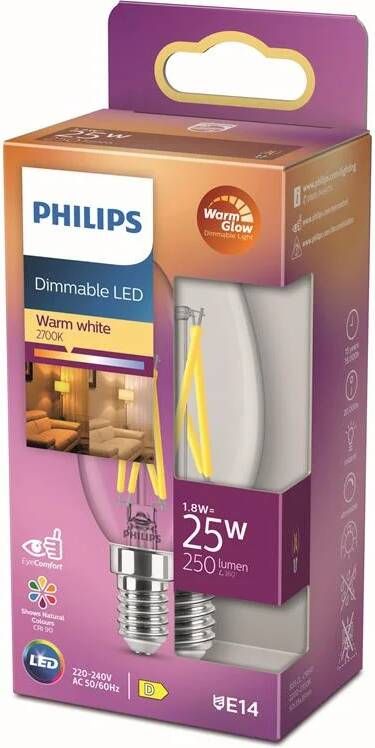 Philips LED Kaars Transparant 25 W E14 Dimbaar warmwit licht
