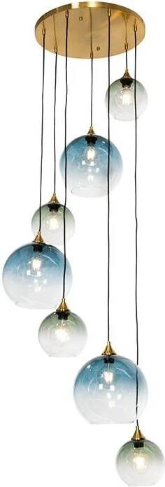 QAZQA Art Deco Hanglamp messing met blauw glas rond 7-lichts Sandra