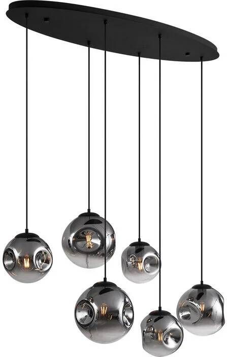 QAZQA Art deco hanglamp zwart met ovale plafondplaat en smoke glas