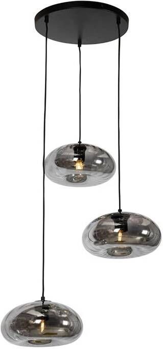 QAZQA Art Deco hanglamp zwart met smoke glas rond 3-lichts Ayesha