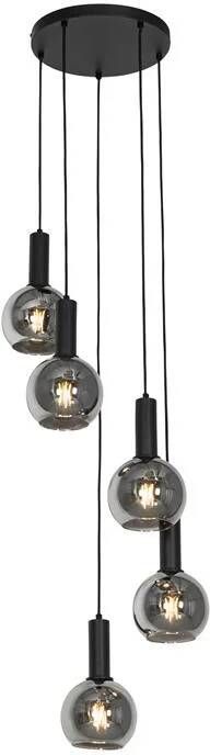 QAZQA Art Deco hanglamp zwart met smoke glas rond 5-lichts Josje