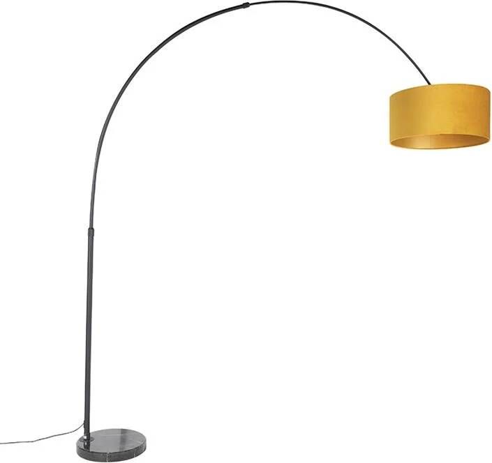 QAZQA Booglamp zwart met velours kap okergeel met goud 50 cm XXL