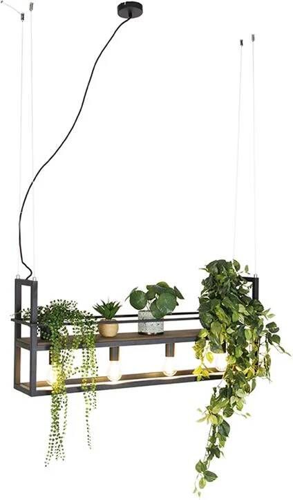 QAZQA Industriële hanglamp zwart met hout en rek 4-lichts Cage Rack