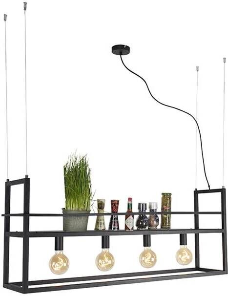 QAZQA Industriële hanglamp zwart met rek large 4-lichts Cage Rack