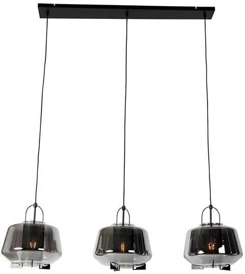 QAZQA Hanglamp zwart met smoke glas 30 cm langwerpig 3-lichts Kevin