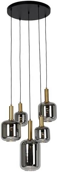 QAZQA Hanglamp zwart met goud met smoke glas incl. 5 PUCC Zuzanna
